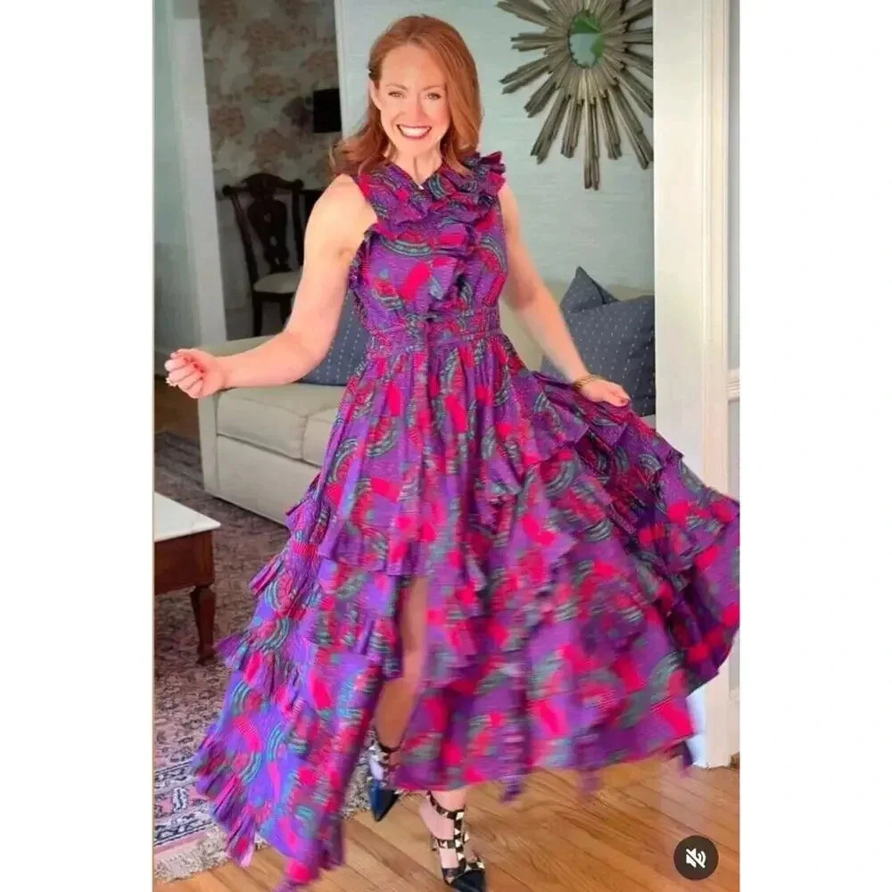 NWT Ulla Johnson IMOGEN Purple Print Ruffle Asymmetrical Midi Dress Size… - Picture 4 of 16